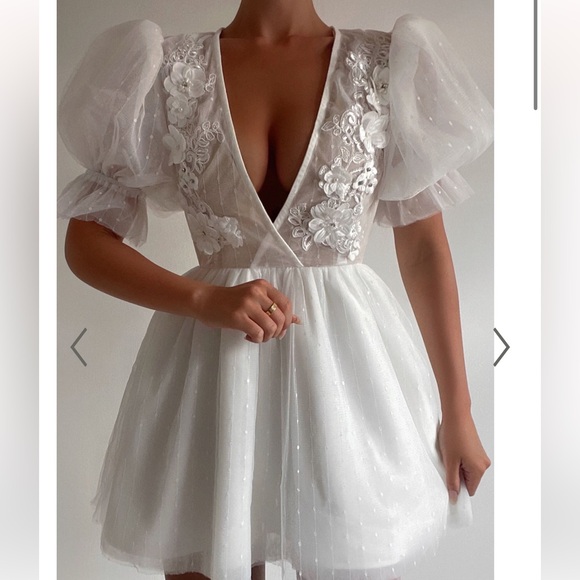 AKSHIA MINI DRESS - PUFF SLEEVE FLORAL DETAIL PLUNGE NECK DRESS IN WHITE - Picture 1 of 2